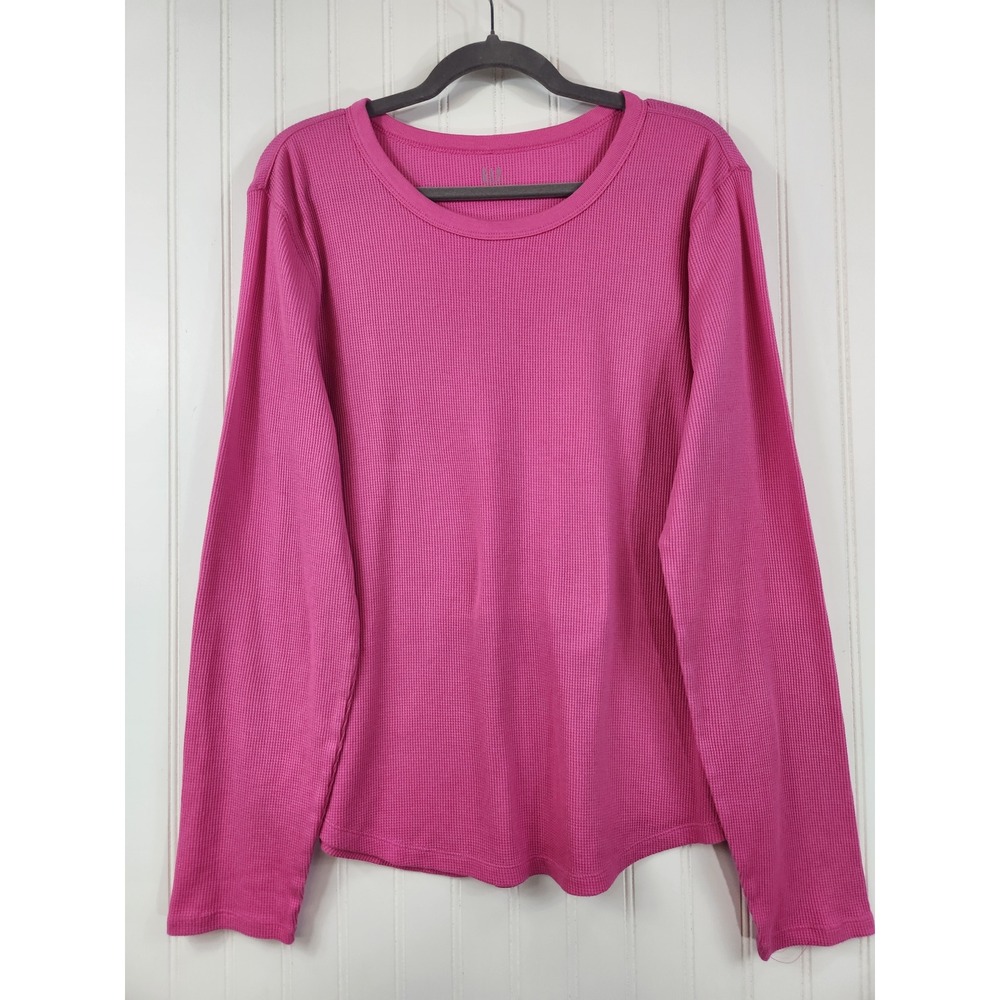 Gap‎ Womens XL Pink Waffle Knit Thermal Long Sleeve Crew Neck Top Curved Hem